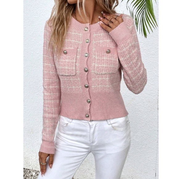 Pink Plaid Button Up Cardigan Knit Long Sleeve  Stretchy - Picture 6 of 9